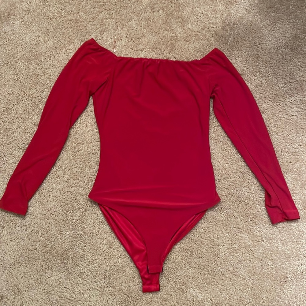 Off the shoulder red bodysuit